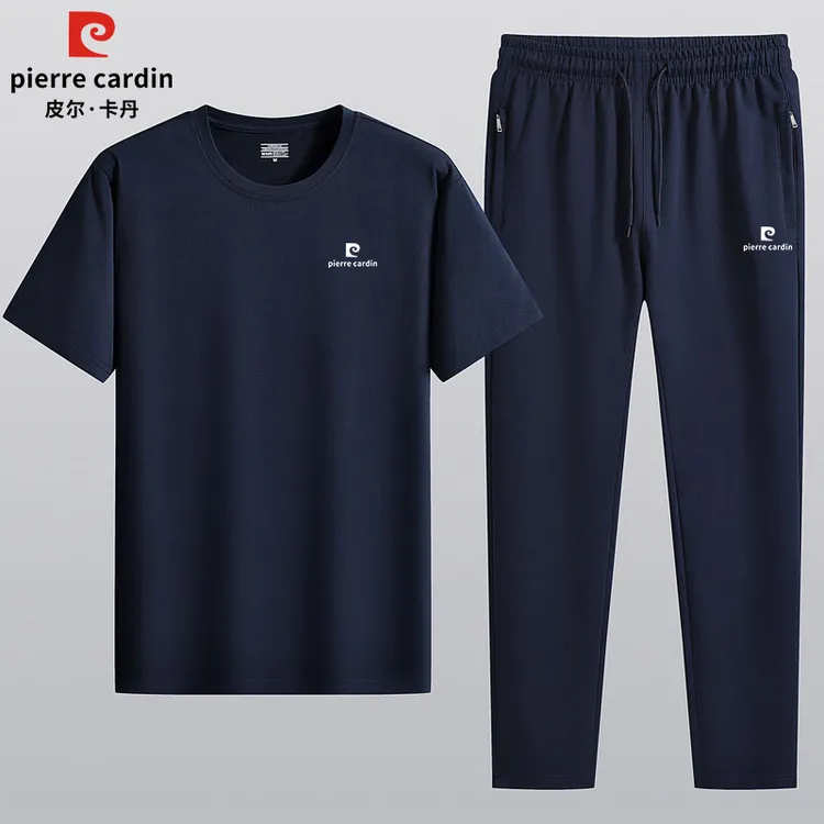 皮尔卡丹休闲运动套装男士夏季新款中年爸爸装短袖t恤长裤两件套