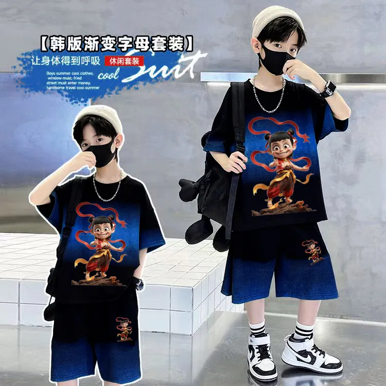 2025新款哪吒高能感帅气炸街男孩休闲宽松运动潮男童夏季短袖套装