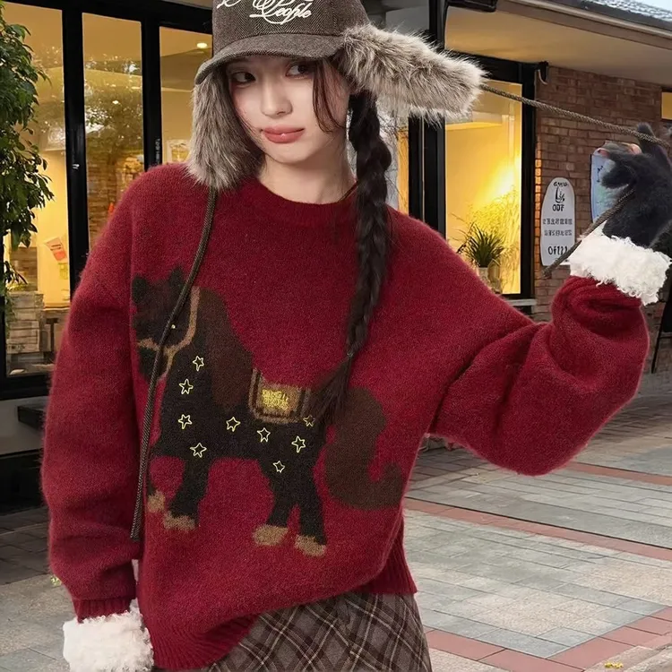 美式复古慵懒风时尚百搭红色小马毛衣秋冬新款高级感针织衫外套