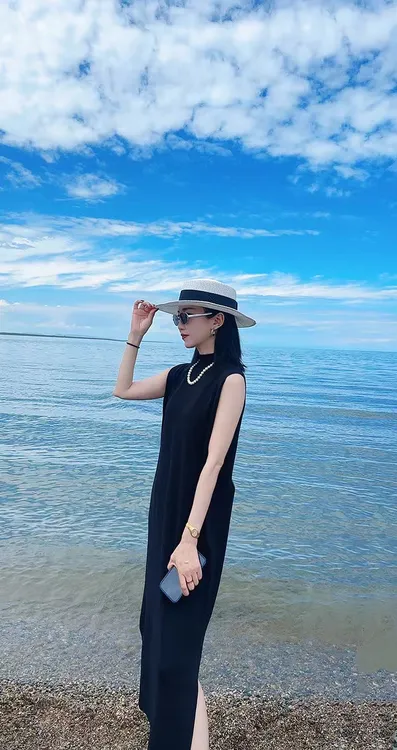 定制百搭显瘦立领无袖黑色冰丝连衣裙（裙长大概115厘米）