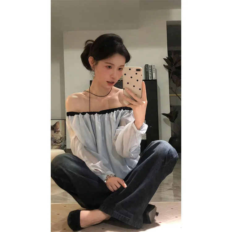 法式蓝色一字肩衬衫花苞长袖绝美上衣不贴腿微喇裤高腰垂感牛仔裤