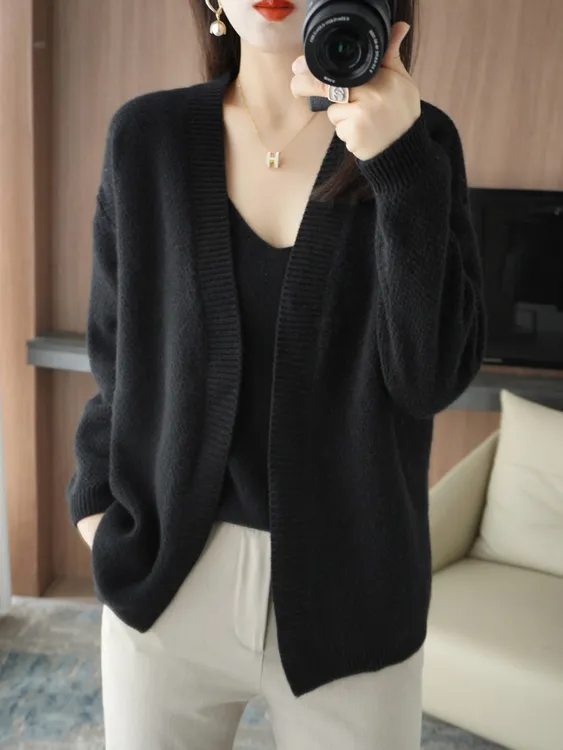 羊绒开衫女春秋款v领针织两件套毛衣宽松慵懒羊毛外套专柜正品