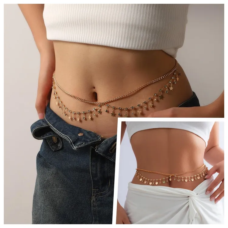 比基尼腰链钻配裙子女双层肚皮舞身体链金属细链条性感肚脐链配饰