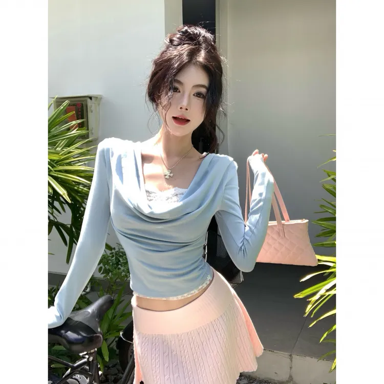 蕾丝拼接假两件荡领长袖T恤女春季设计感蓝色修身纯欲风打底上衣