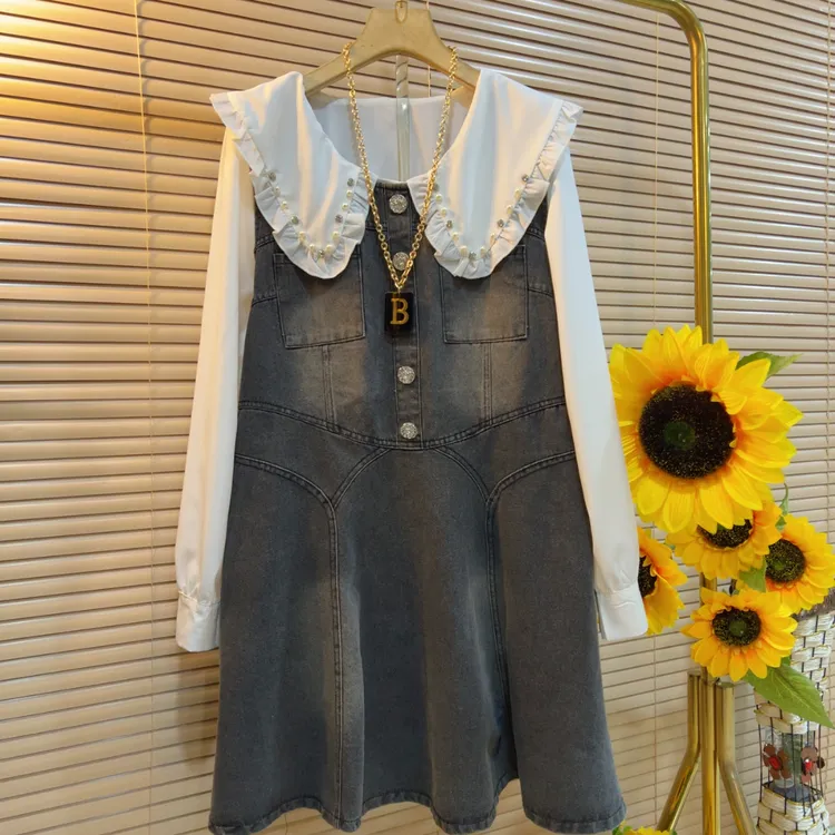 LYR新款减龄娃娃领牛仔连衣裙两件套