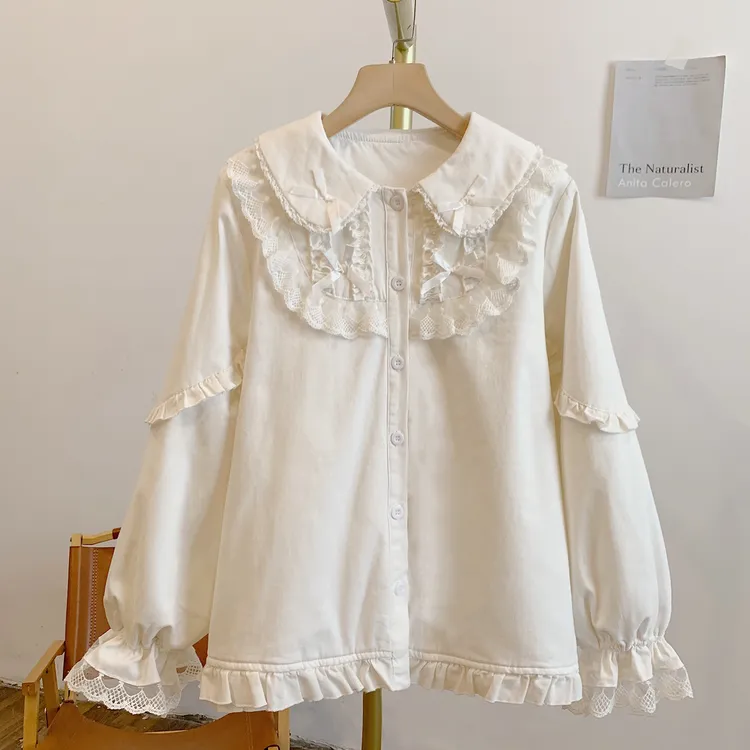 白色誓言3348夹棉蝴蝶结蕾丝边全开扣娃娃领棉衬衫