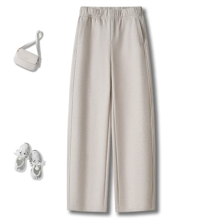 啄木鸟燕麦色窄版阔腿弯刀裤女秋冬季新款高腰小个子直筒香蕉裤