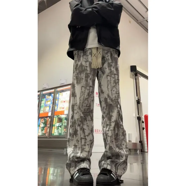 美式复古扎染迷彩裤子男款秋冬加绒直筒灯芯绒裤阔腿休闲运动卫裤
