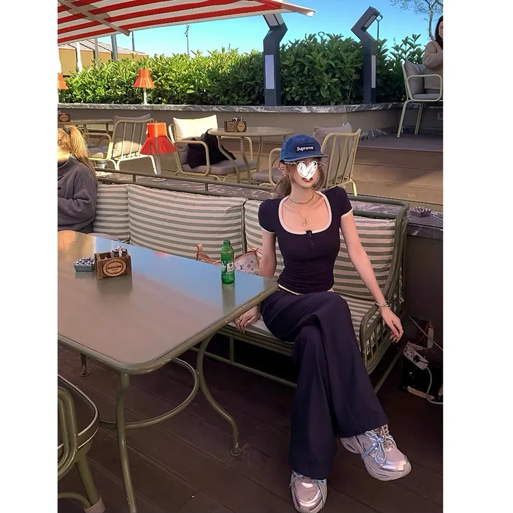 2025年夏季新款韩版复古撞色方领短袖t恤修身显瘦辣妹百搭女上衣