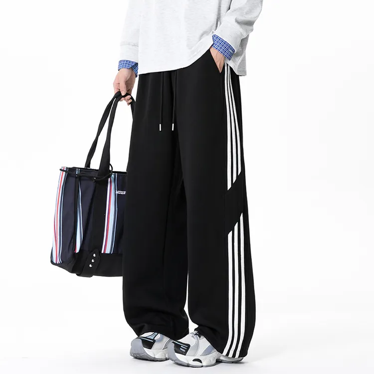 美式复古三条杠休闲裤男款春秋季新款宽松休闲百搭直筒阔腿长裤子