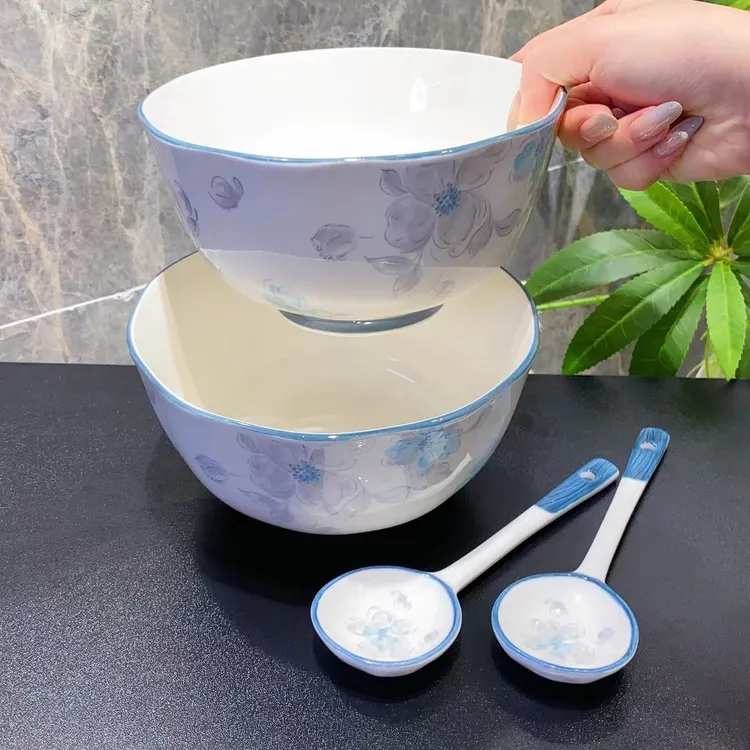 青衡染黛6英寸面碗2碗2勺家用碗餐具专用高颜值陶瓷碗