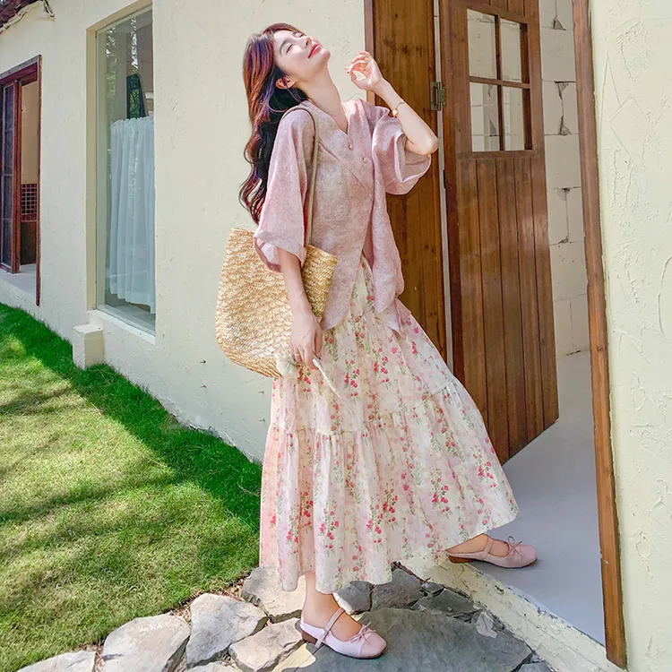 巨好看的两件套夏装宽松衬衫碎花半身裙套装女洋气穿搭粉色超仙
