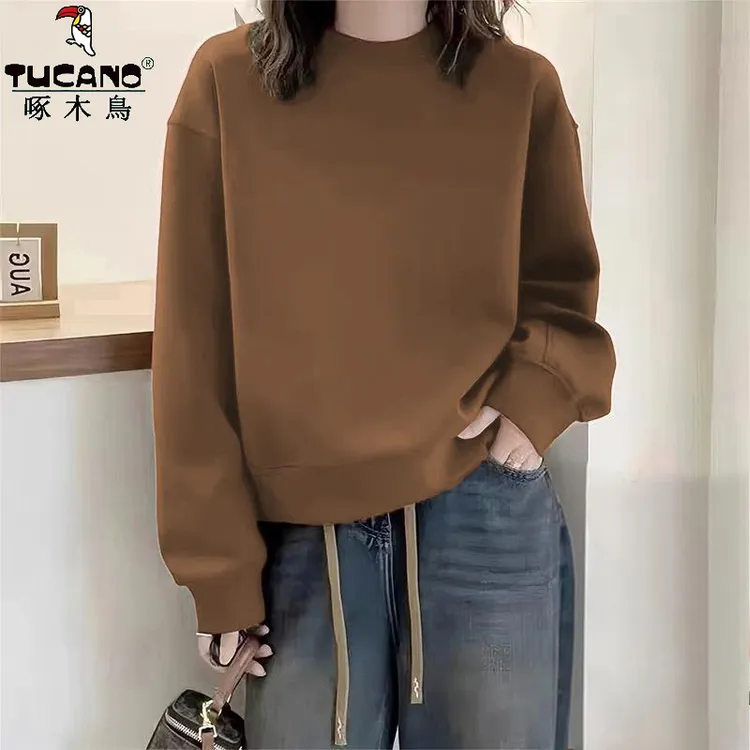 啄木鸟纯棉高街慵懒chic圆领无帽卫衣秋冬款宽松显瘦长袖外穿上衣