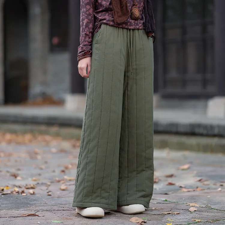 棉裤女冬季加厚阔腿裤文艺复古抽绳夹棉绗缝棉裤女式保暖加厚棉裤