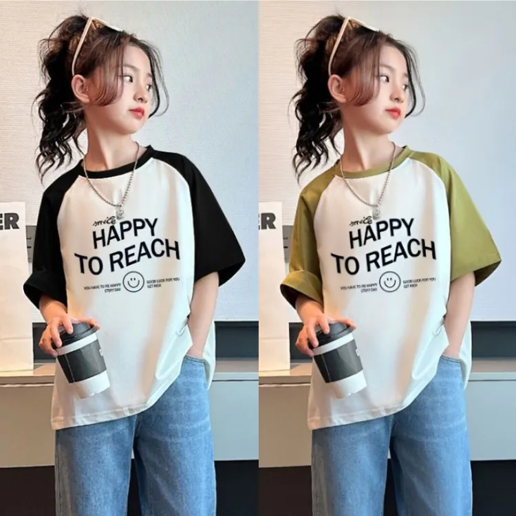 纯棉新款夏季中大童拼接休闲风印花短袖T恤洋气上衣童装宽松女童