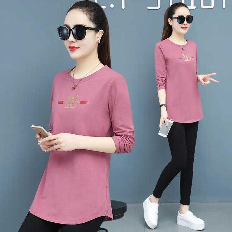 打底衫秋季春秋女中长款上衣女士新款加大码长袖体恤t恤棉质百搭