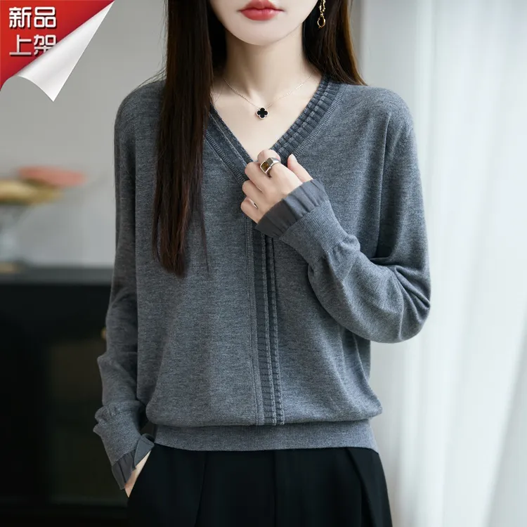 哥弟阿玛施正品早秋V领木耳边蕾丝长袖羊毛针织衫时尚内搭上衣