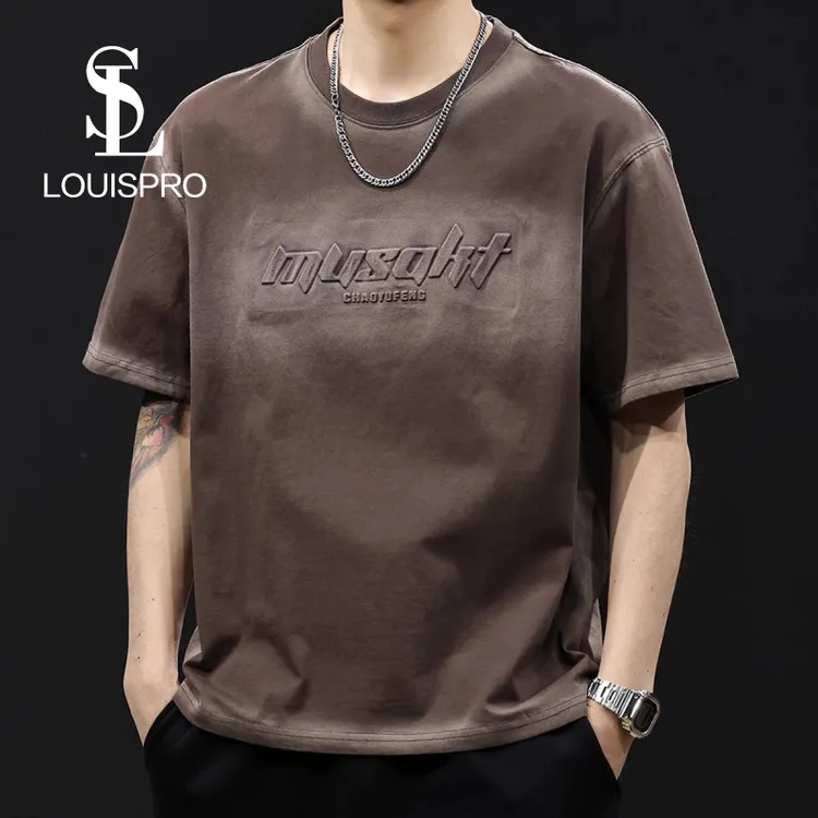 美式复古潮立体印花短袖t恤男士夏2025新款大码衣服体恤