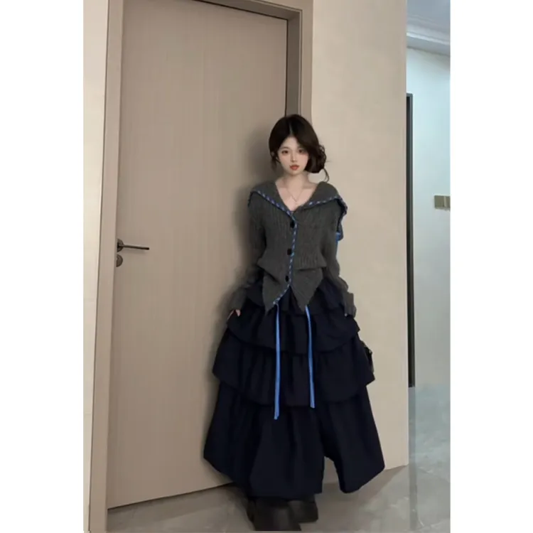 MARIE.COCO韩里韩气穿搭一字领长袖针织毛衣女秋季A字蛋糕裙套装