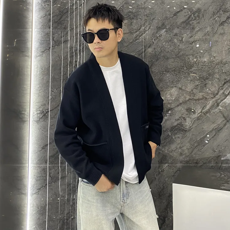 秋冬无领莱赛尔针织开衫修身毛衣外套痞帅百搭针织衫休闲毛衣男