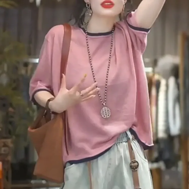 显瘦遮肉百搭上衣夏季薄款胖MM大码女装休闲宽松圆领短袖针织衫女