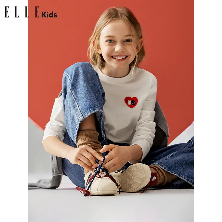 ELLE KIDS 贴布绣花长袖T恤女童秋季新款周年系列正肩百搭上衣Q1