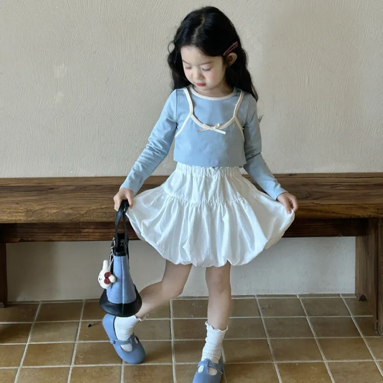 女童假两件打底衫2025春季新款儿童长袖吊带蝴蝶结上衣+白色短裙