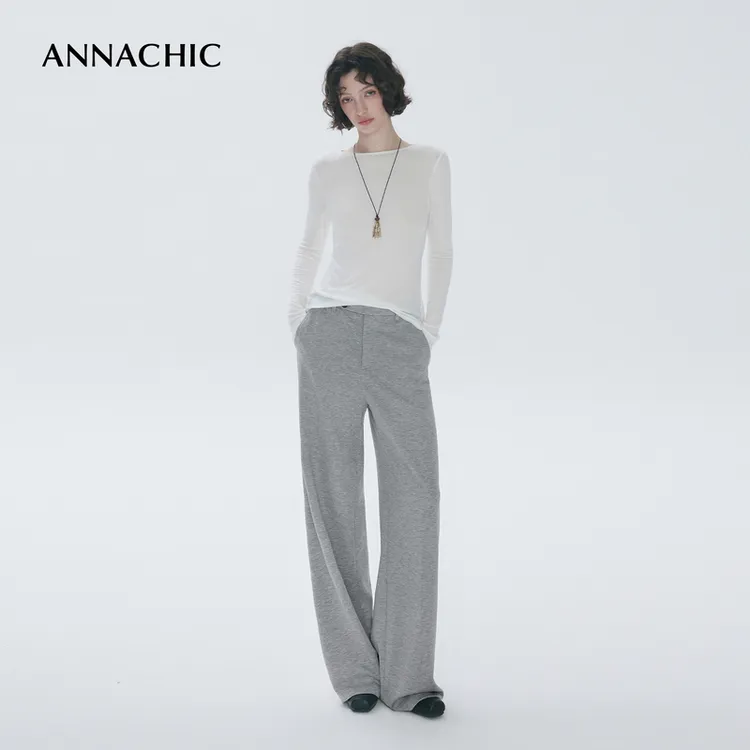 ANNACHIC时髦松弛感_实穿运动休闲直筒裤女/垂感显瘦卫裤/针织裤