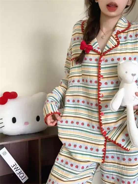 甜美睡衣女款春秋季长袖长裤云朵棉条纹草莓慵懒风韩版家居服套装