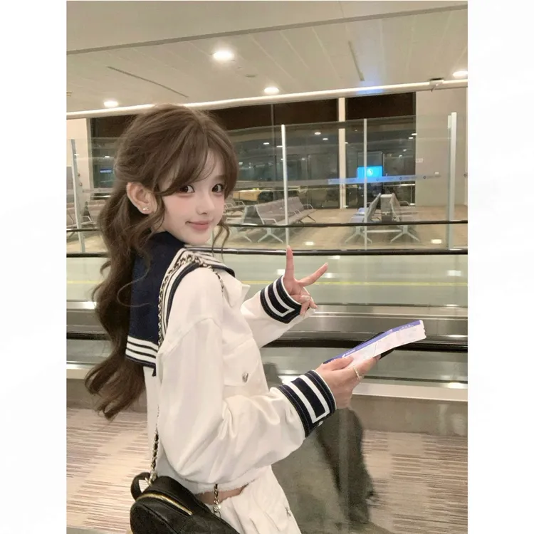 青空航线 miu系两色海军风外套纽扣半裙棉质套装秋