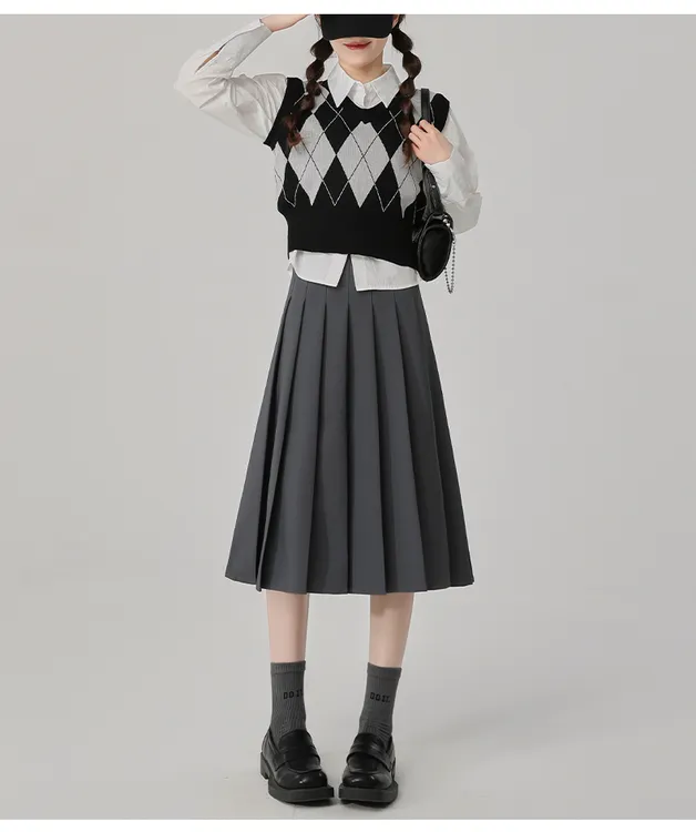 高腰口袋半身裙春季简约百褶半裙灰色宽松韩版裙子百褶裙夏季