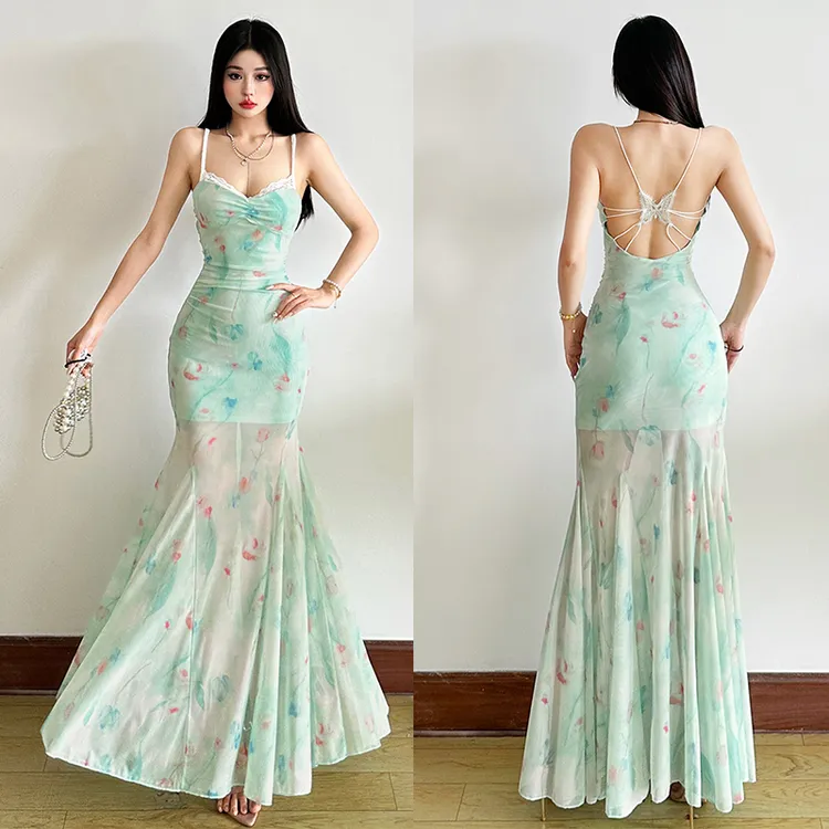 Malou 荷塘月色晕染荷花V领露背性感网纱蝴蝶连衣裙女夏K25D72855