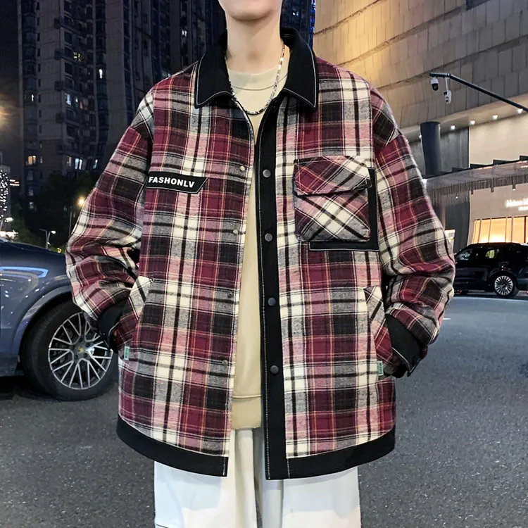 翻领外套男款春秋2025新款潮流学院风青少年格子衬衫夹克男装上衣