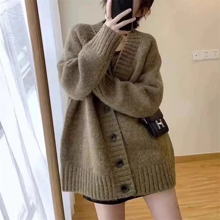 卡其色粗针毛衣外套女秋冬宽松慵懒风显瘦针织开衫外搭针织衫上衣
