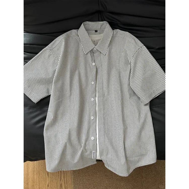 黑白条纹短袖衬衫男夏季薄款宽松高级感休闲防晒衬衣vintage外套
