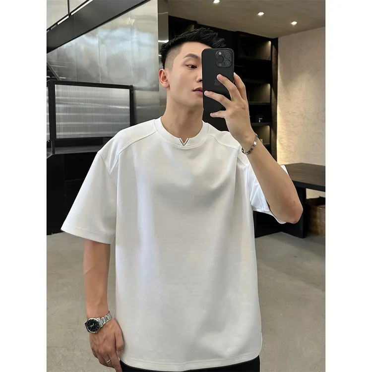 老钱风解构小v领重磅短袖t恤男夏季美式潮牌高级感宽松潮流五分袖