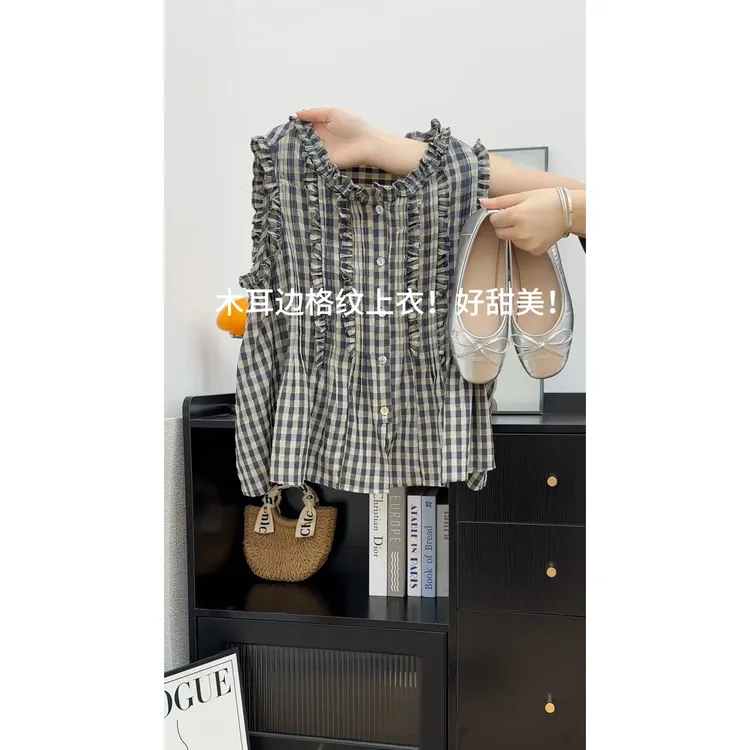 韩系复古时尚百搭格纹无袖背心衬衫女夏季新款木耳边宽松显瘦上衣