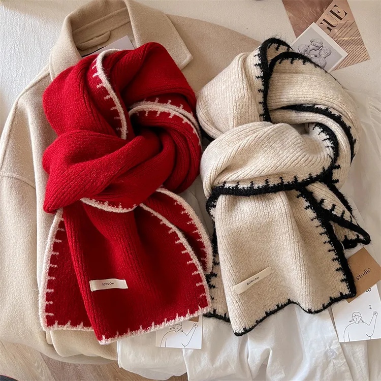 锁边针织毛线围巾羊毛围脖冬季女简约纯色黑色小香风保暖时尚加厚