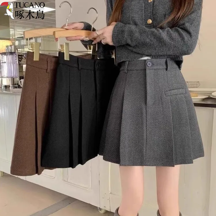 TUCANO/啄木鳥高腰显瘦毛呢半身裙女秋冬新款A字短裙防走光百褶裙