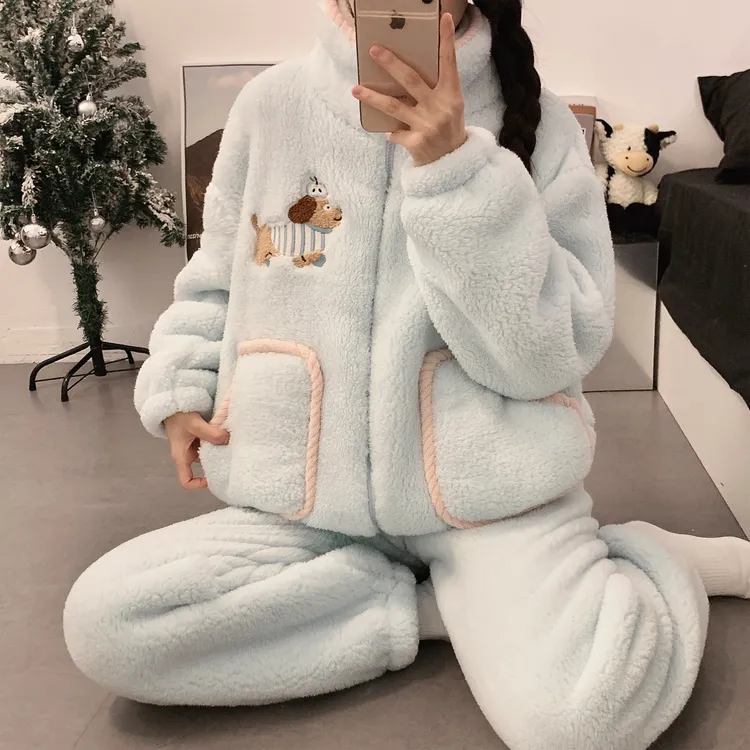 腊肠狗睡衣女秋冬季珊瑚绒加厚加绒2025新款法兰绒拉链保暖家居服