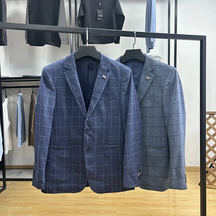 100羊毛！秋冬修身西装加厚格纹时尚休闲平驳领便西 H5T0029