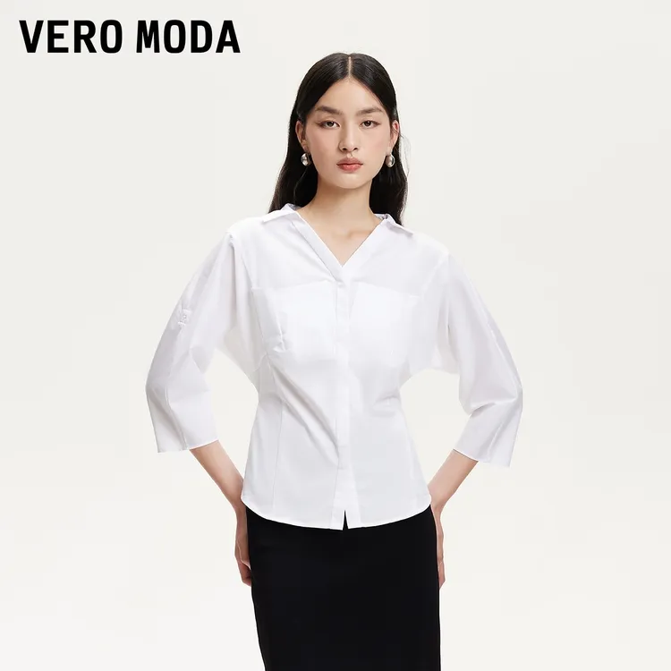 Vero Moda衬衫女2025秋季新款通勤收腰V领七分袖白衬衫百搭流光风
