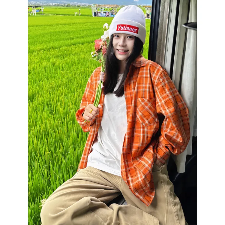 多巴胺橘色格子长袖衬衫男女秋季美式复古格纹衬衣高级感情侣外套