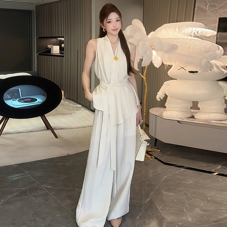 休闲减龄设计感套装女2025年夏季新款绑带收腰上衣阔腿裤两件套潮