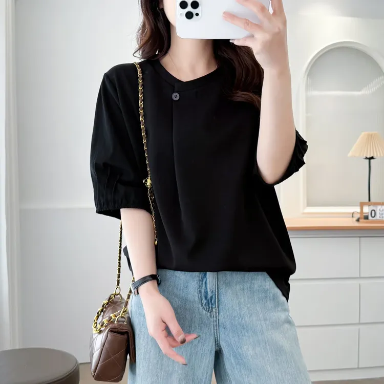 2025夏装新款大码女装纽扣设计感褶皱五分袖圆领上衣曼巴棉T恤女