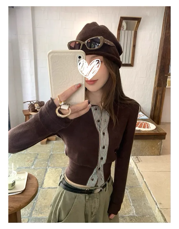 韩女feel 条纹拼接收腰开衫上衣女秋季圆领长袖T