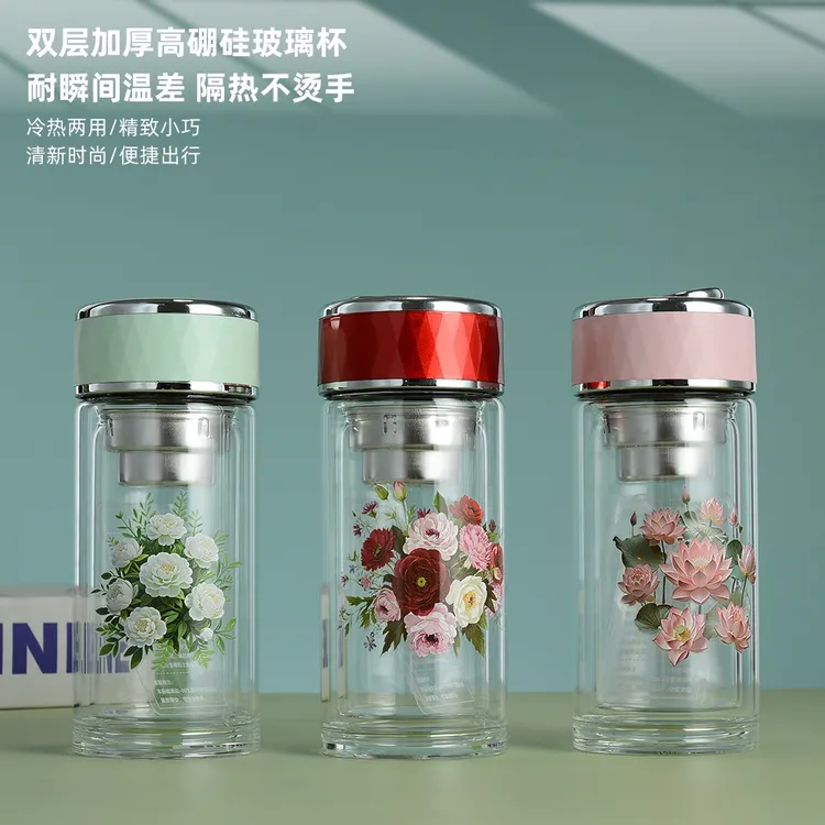 精致时尚女士隔热玻璃杯便携加厚简约水杯户外高档花茶杯泡茶杯