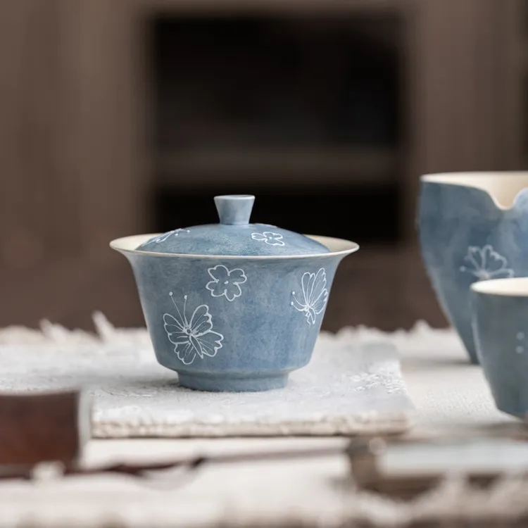 素岚蝶舞陶瓷盖碗手绘立体蝴蝶泡茶碗中式家用茶具复古茶杯日式