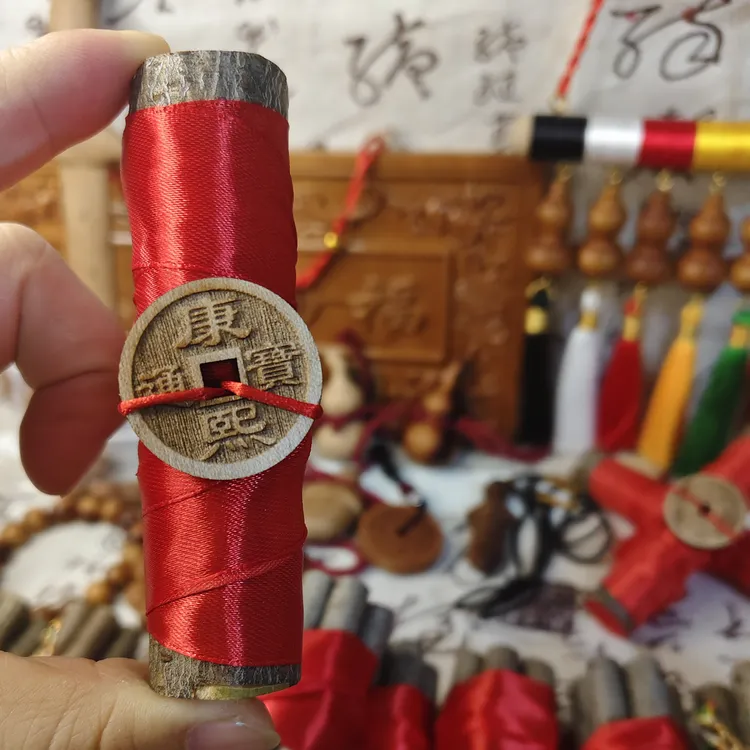 东南桃木枝点朱砂桃木帝钱随身带放床头防梦守护辟饰物夜路防惊吓