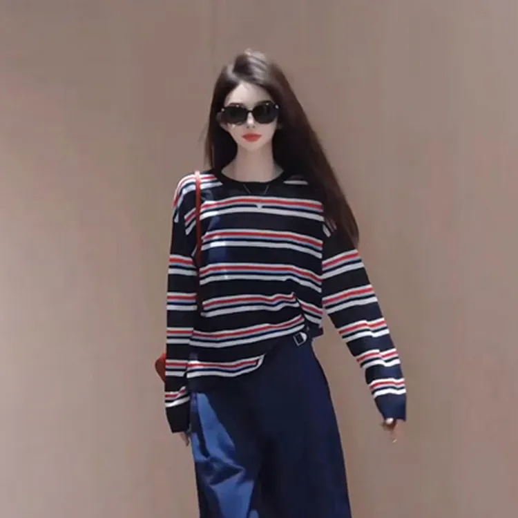 条纹防晒罩衫长袖圆领针织衫女2025春秋新款时尚洋气违款薄纱上衣